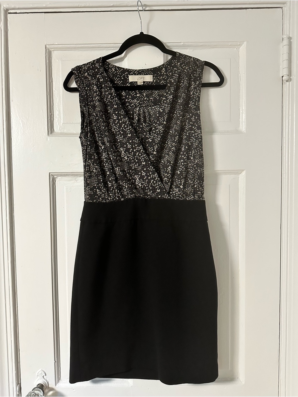 LOFT Black and White Sleeveless Wrap-Front Sheath Dress